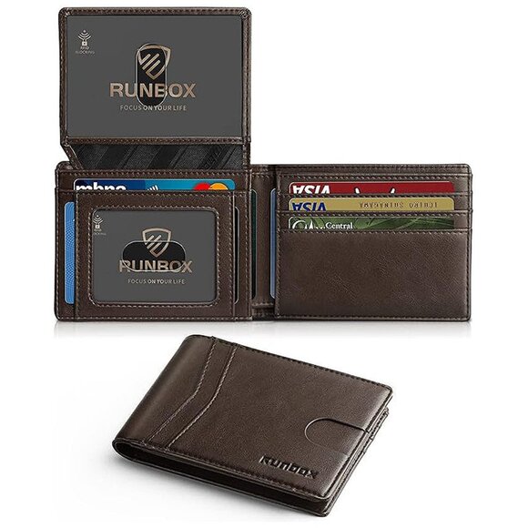 Wallet for Men Slim Rfid Leather 2 ID Window Classic Coffee-15 slots